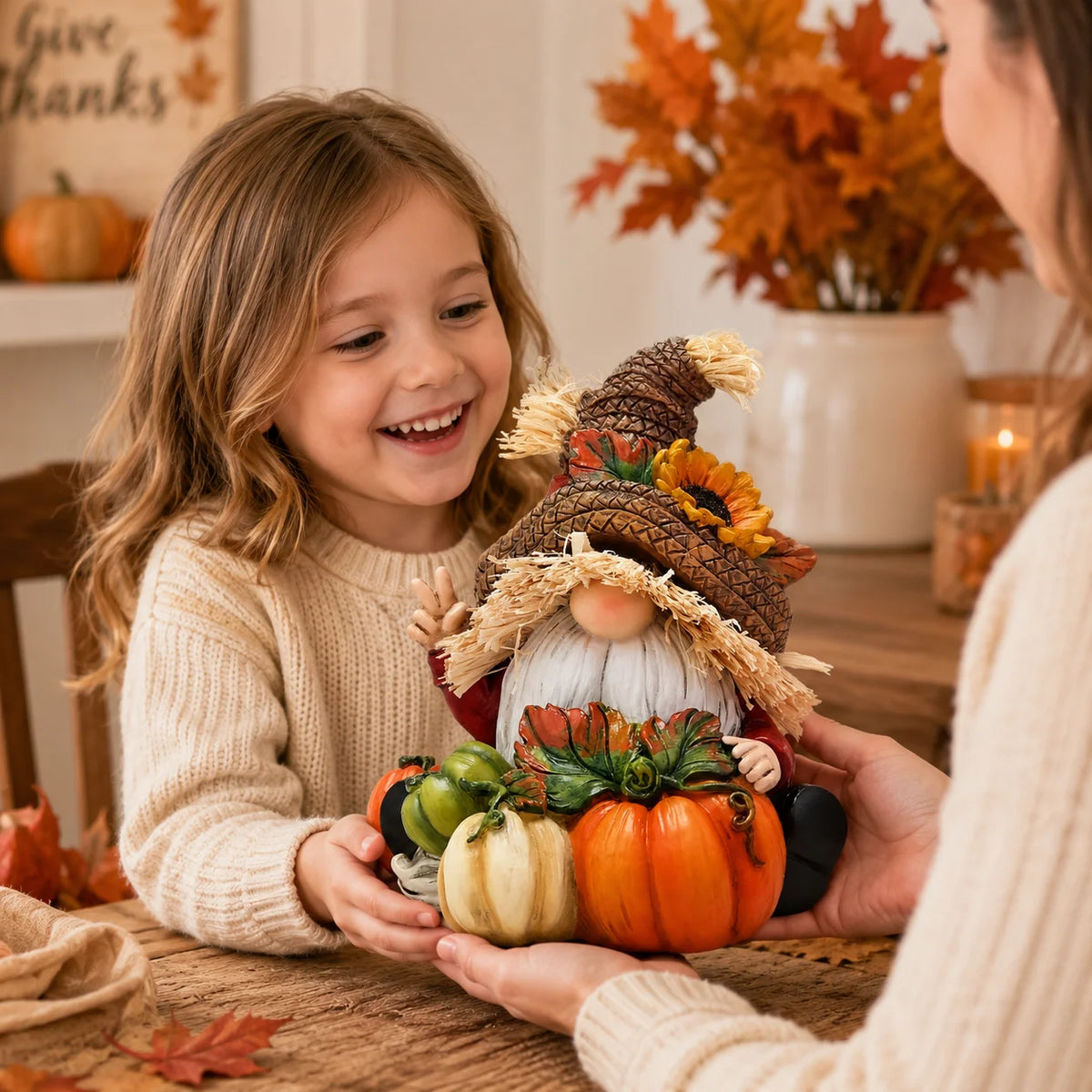 Hodao Resin Fall Scarecrow Gnome Figurine with Pumpkin Harvest Decoration, Farmhouse Thanksgiving Sitting Gnome Statue for Tabletop Shelf Sitter, Autumn Holiday Decor Gift for Home Garden, Hand-Painted Seasonal Ornament, Coun