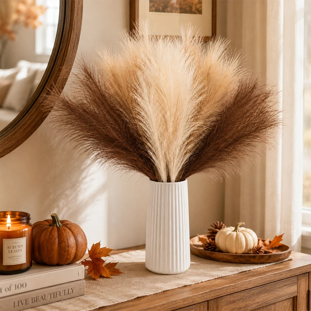 19 Inch 18pcs Artificial Pampas Grass Decor,Coffee Beige Brown Faux Pampas Fluffy for Boho Decor Home Bedroom Living  Room Wedding Decoration, Vase Filler Autumn Flower Arrangement