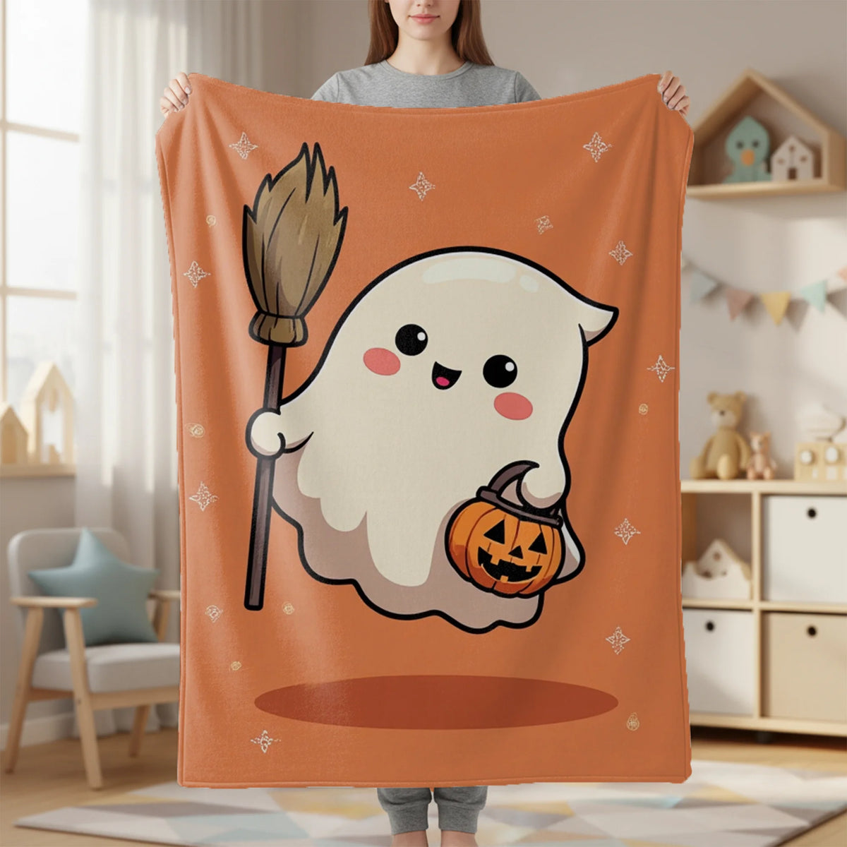 Cute & Jack-o'-Lantern Flannel Throw Blanket - Soft Warm Suitable for - Bedspread with Orange Starry Background, Machine Washable Cozy Bedding Accent for, Room, Couch - for Autumn Nights and Gifts