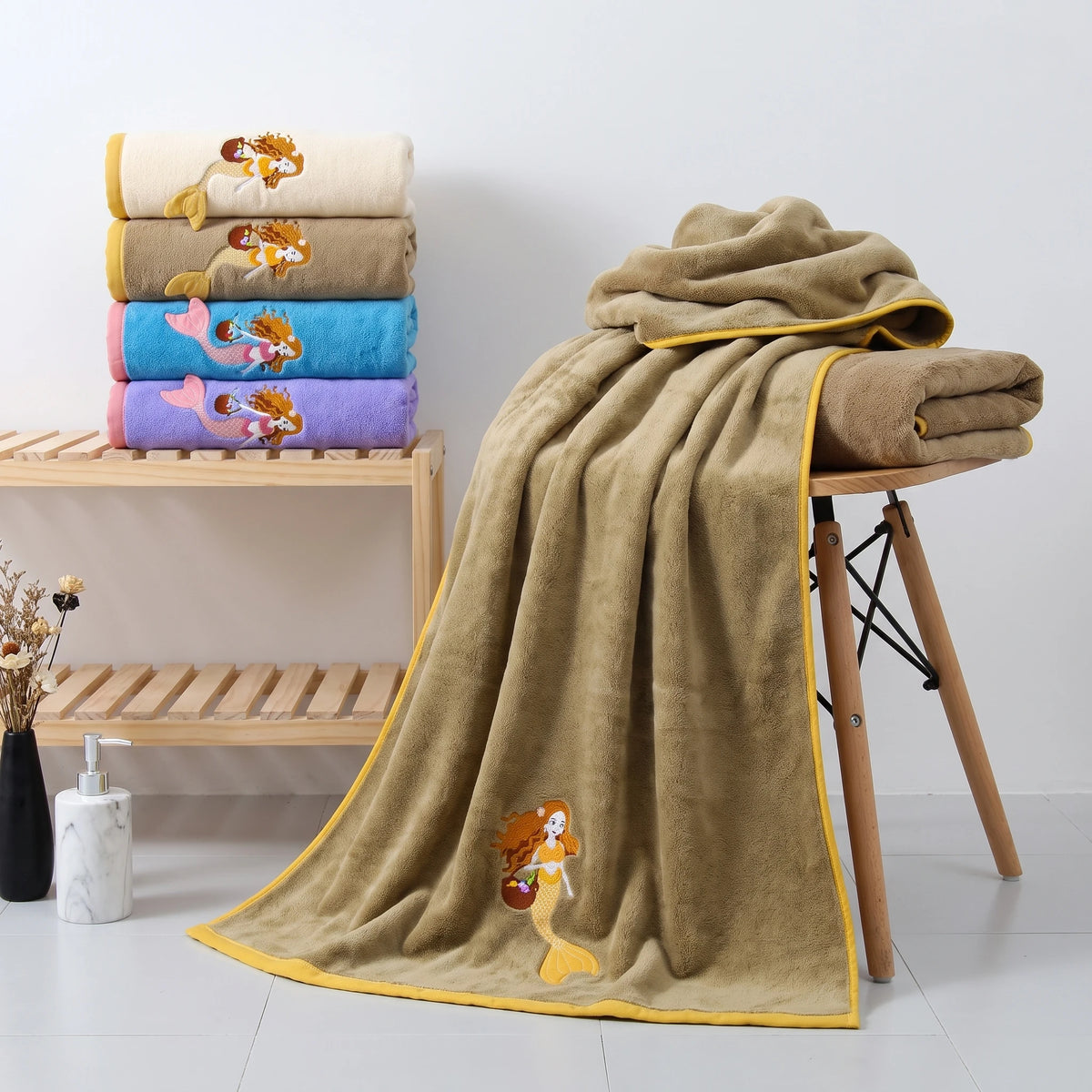 2‑Pack Coral Velvet Bath Towels, Mermaid Embroidered Pattern, Soft & Cozy, High Water Absorbency, Ideal for Bathing, SPA, Swimming, Yoga, Salon Use