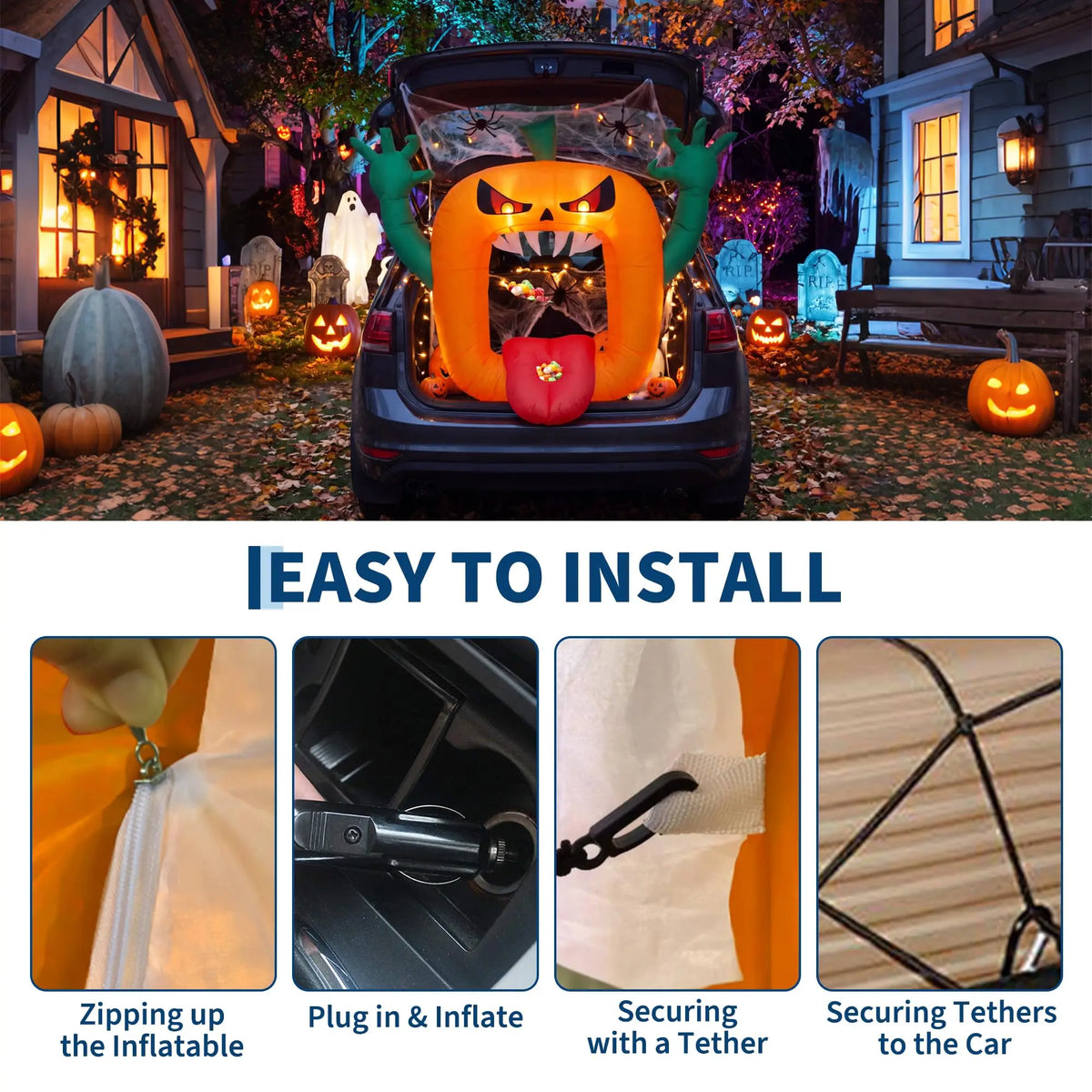 6FT Halloween Inflatable Pumpkin Trunk Or Treat Car Decoration With LED Lights, Blow Up Outdoor Toy For SUV Truck Yard Decor
