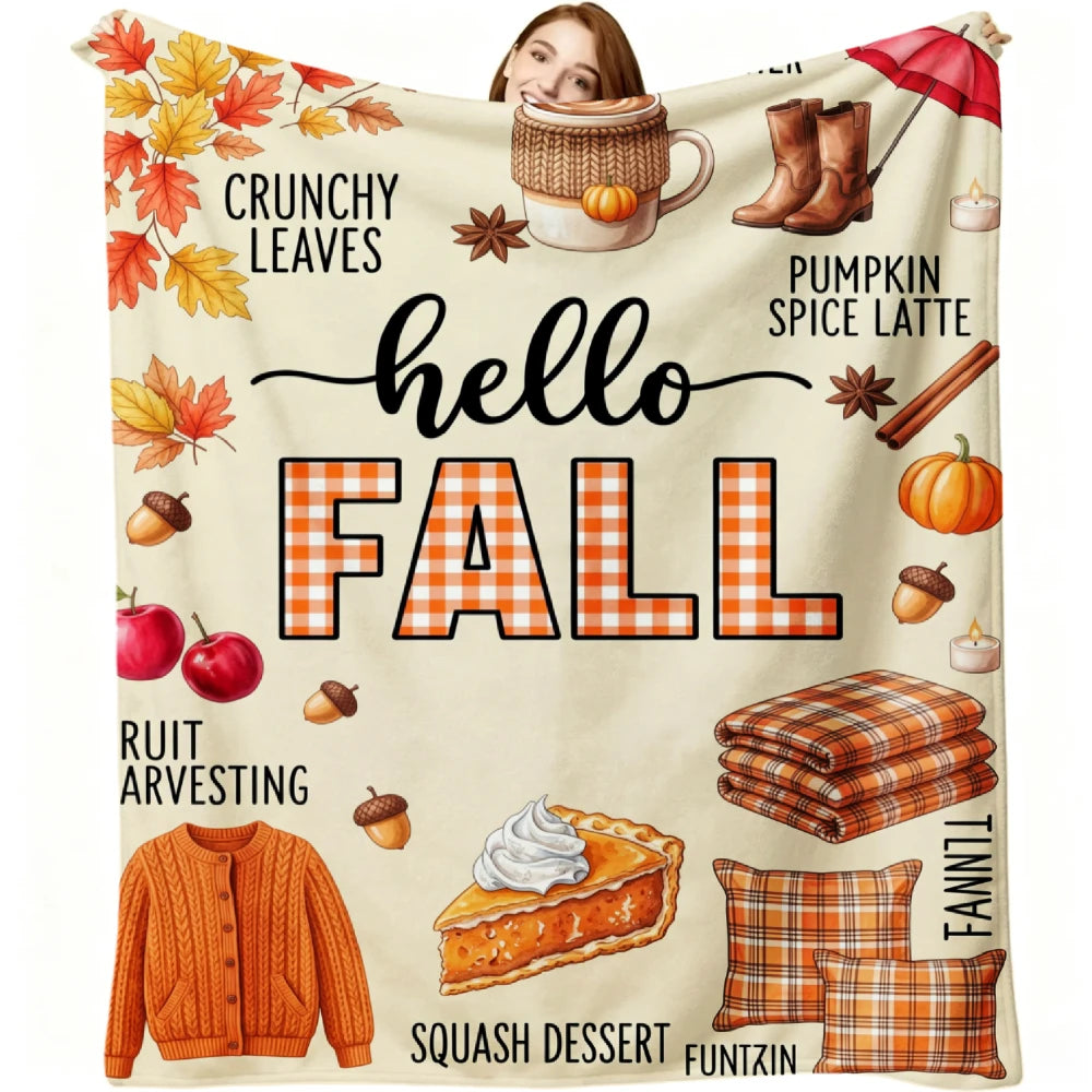 1pc Hello Fall Print Flannel Blanket Soft Comfortable Warm Bed Cover Autumn Winter Season Home Decor Halloween Thanksgiving Christmas Gift