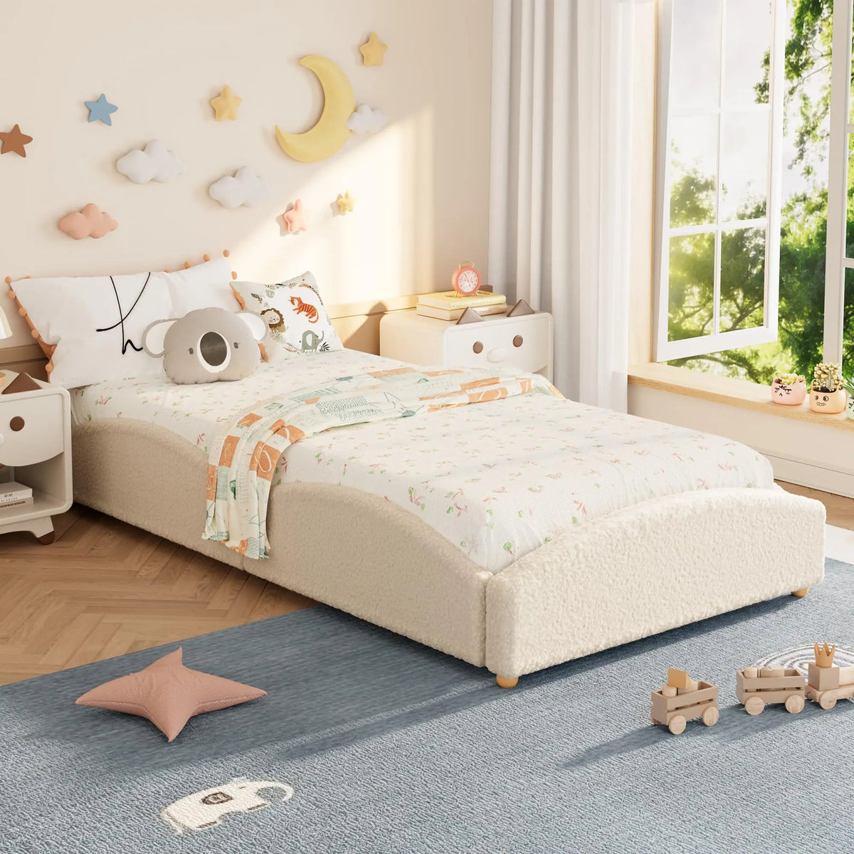 Cloud Design Upholstered Floor Bed for Kids – Soft Soft bear Fabric Low-Profile Daybed with Raised Sides, Educational method-style-inspired Platform Bed for Boys & Girls – Twin/Twin-XL, Pink/Light Grey/Beige
