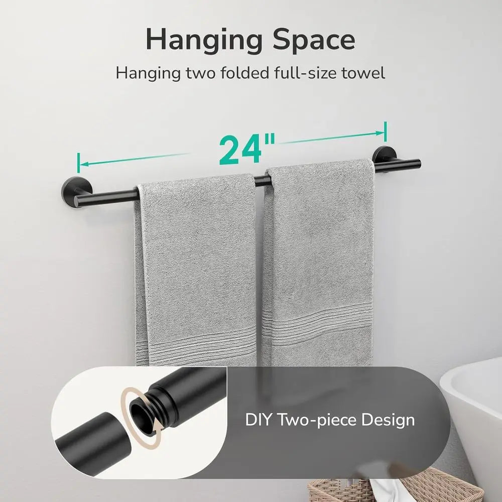 24-Inch Matte Black Stainless Steel Towel Bar, Wall-Mounted Towel Rack for Bathroom