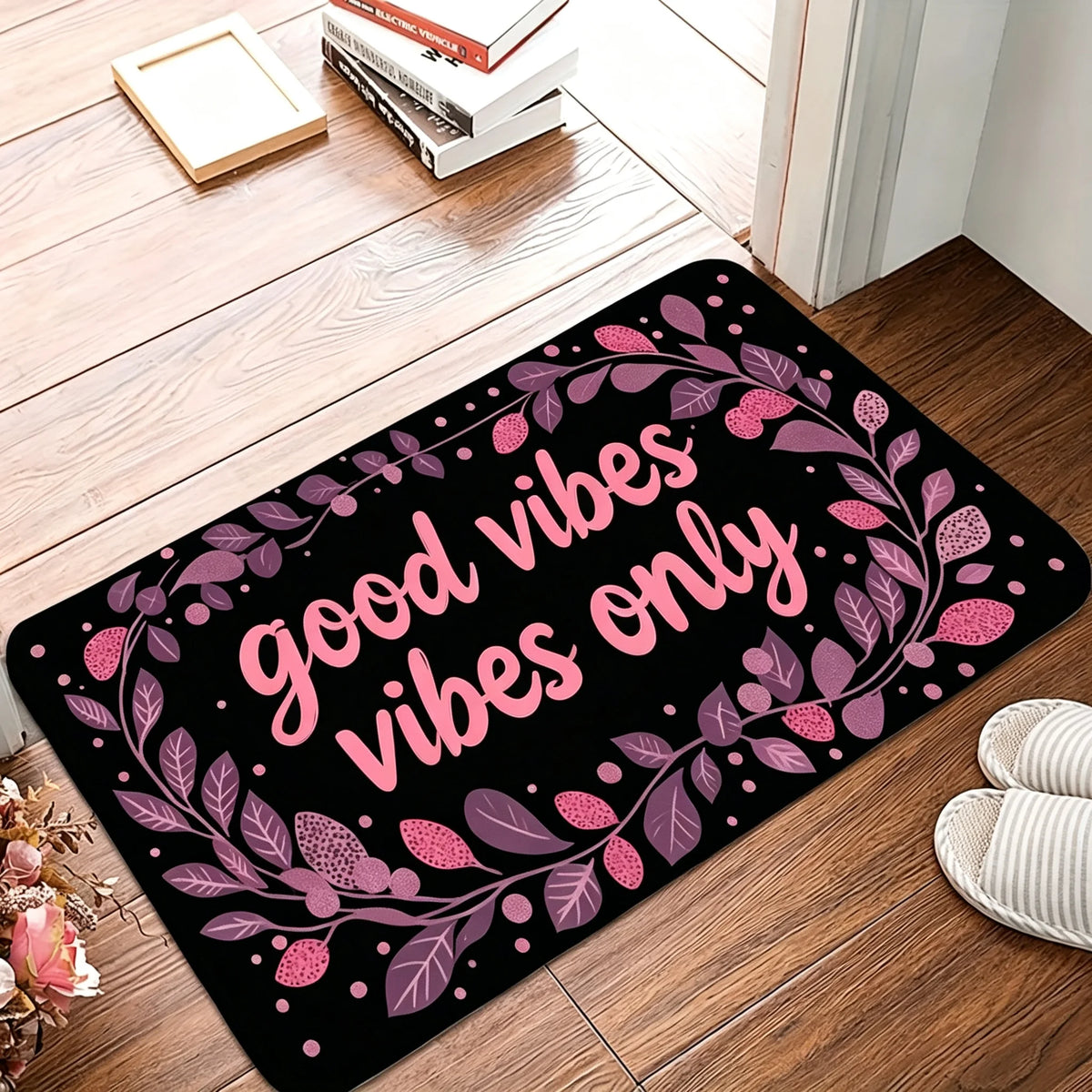 1 Piece of Family Welcome Printed Flannel Doormat with Leaf and Letter Patterns, Entrance Carpet, Living Room and Bedroom Mats, Available in Various Sizes and Colors