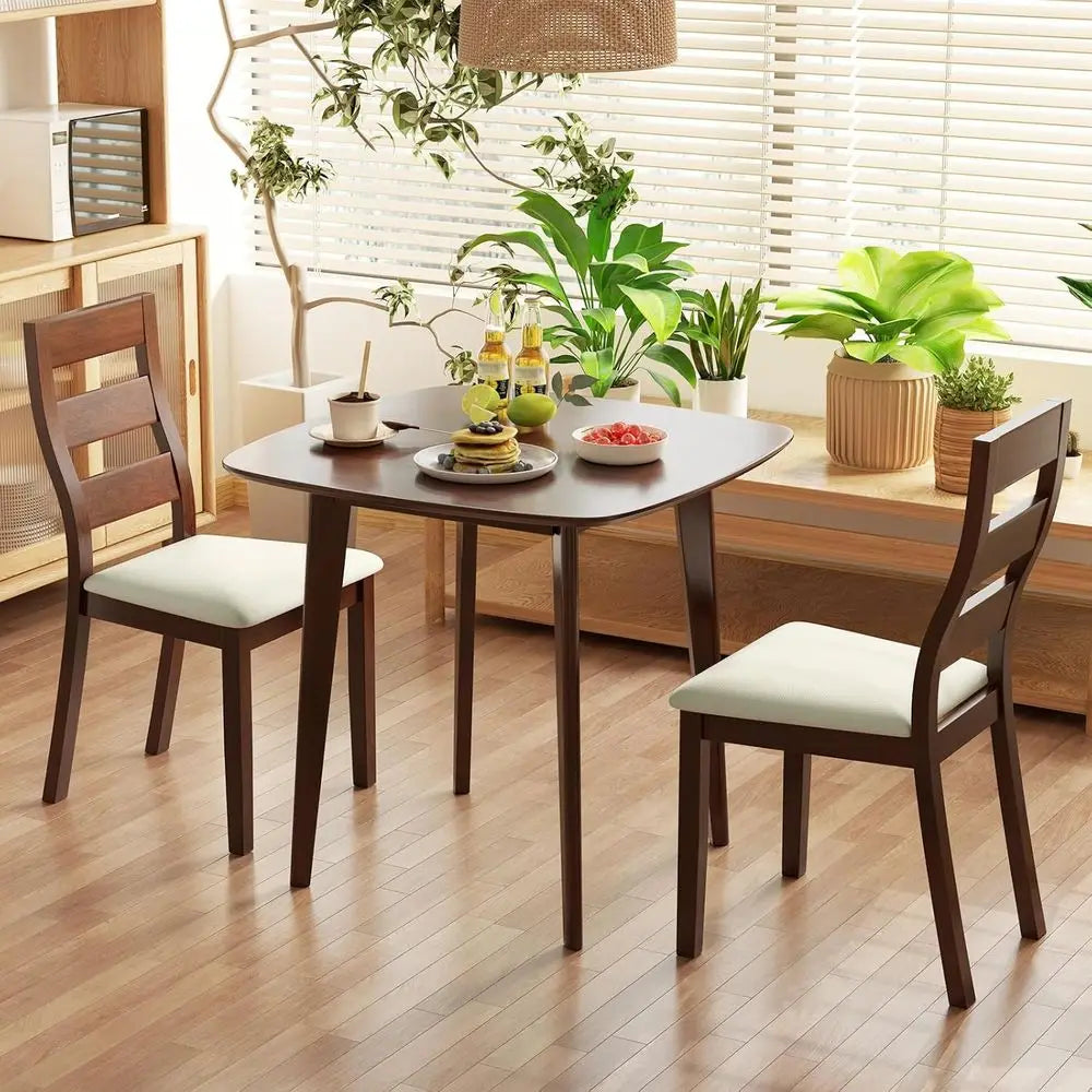 3-Piece Dining Table Set or 2, Wooden Square Kitchen Table and 2 Chairs with Padded Seat, Ladder Back, Space-Saving Dinette Set