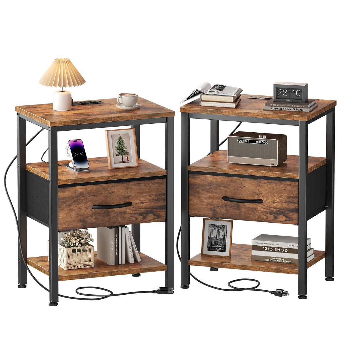 JHK 3-Tier Nightstand Set of 2 with Wireless Charging Station Bedside Tables with Adjustable Fabric Drawers Storage Open Shelf