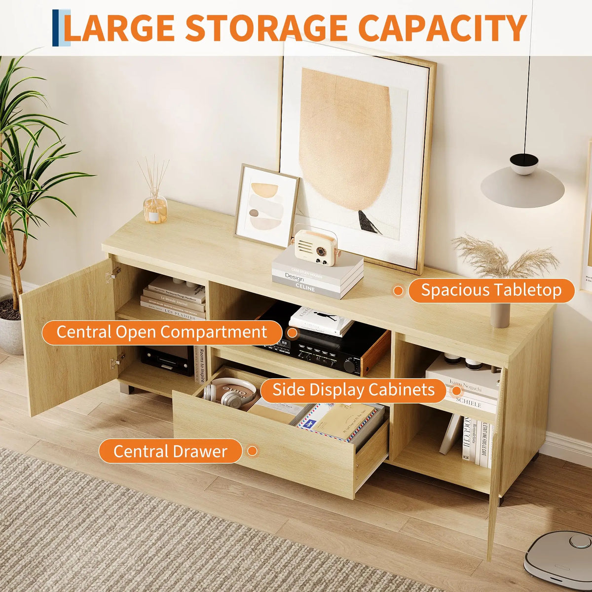 Modern TV Stand For TVs Up To 70 Inch, Media Console With Fluted Door Cabinets, Drawer, Open Shelves, Cable Management Cabinet