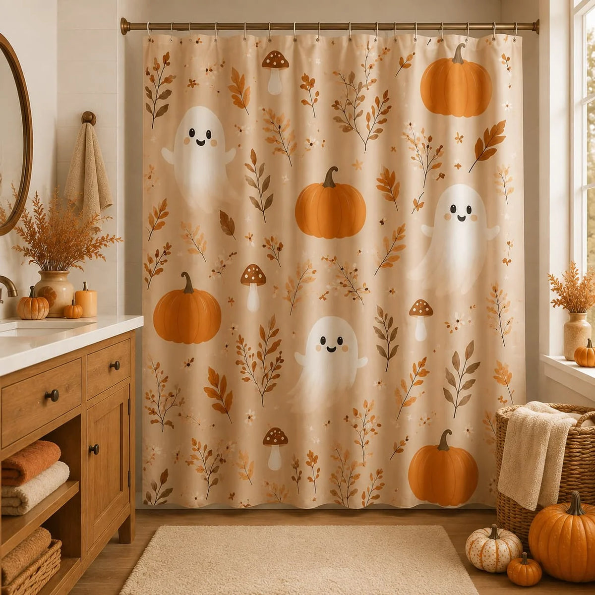 Fall Pumpkin Shower Curtain 71x71 Inches Shower Curtain with 12 Hooks Beige Rustic Autumn Leaf Mushroom Farmhouse Bathroom Decor