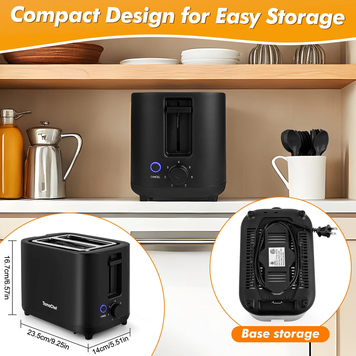 TomaChef  compact electric toaster 700W, with 7 heating Settings and a detachable breadcrumb tray, is perfect for toasting bread, bagels and waffles