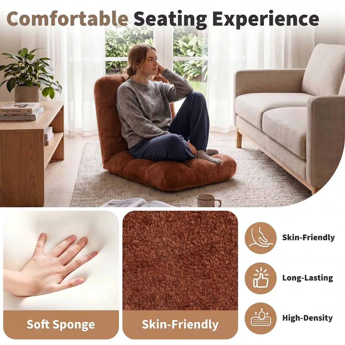 Adjustable Floor Chair With Back Support, 5-Position Foldable Gaming Lounge Chair, Padded Meditation Sofa For Indoor Living Room