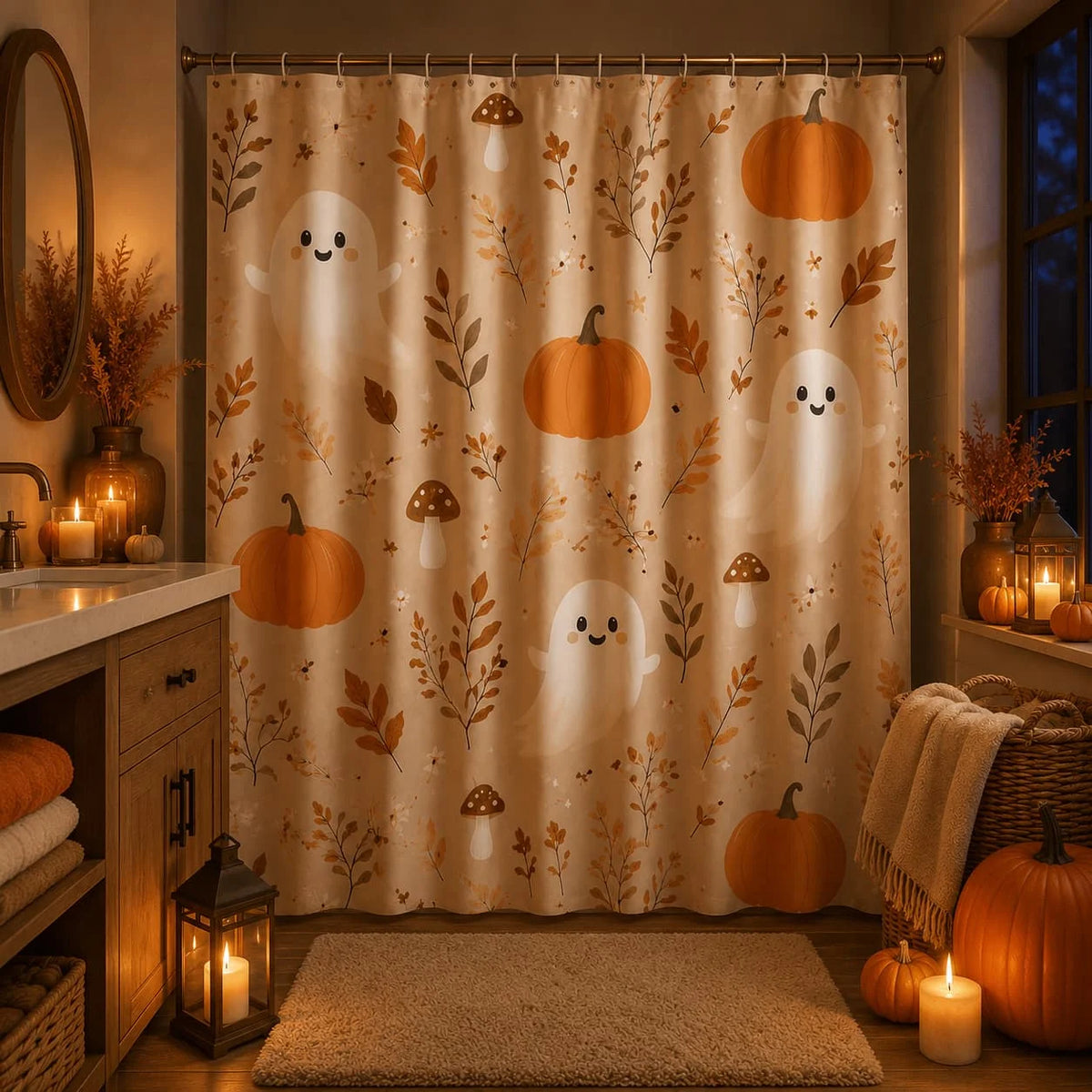 Fall Pumpkin Shower Curtain 71x71 Inches Shower Curtain with 12 Hooks Beige Rustic Autumn Leaf Mushroom Farmhouse Bathroom Decor