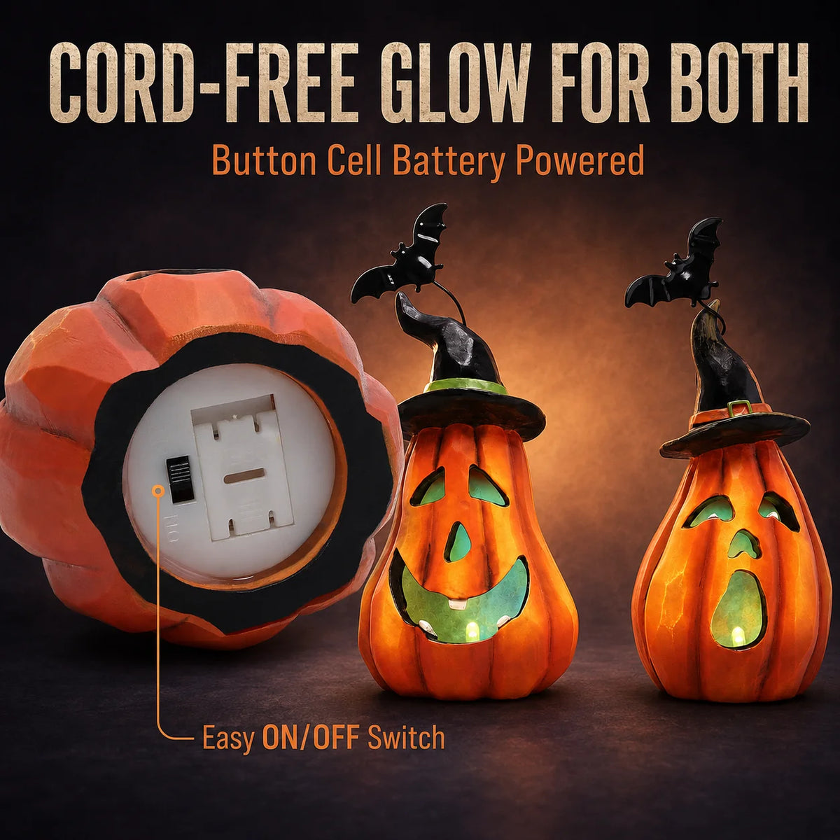 Hodao Resin Halloween Pumpkin Figurine Set, 2-Piece LED Light Up Jack-o'-Lantern Decor with Witch Hat & Black Bat Accents, Spooky Glowing Tabletop Figure Model for Shelf Mantel Display, Collectible Fall Seasonal Home Decorati