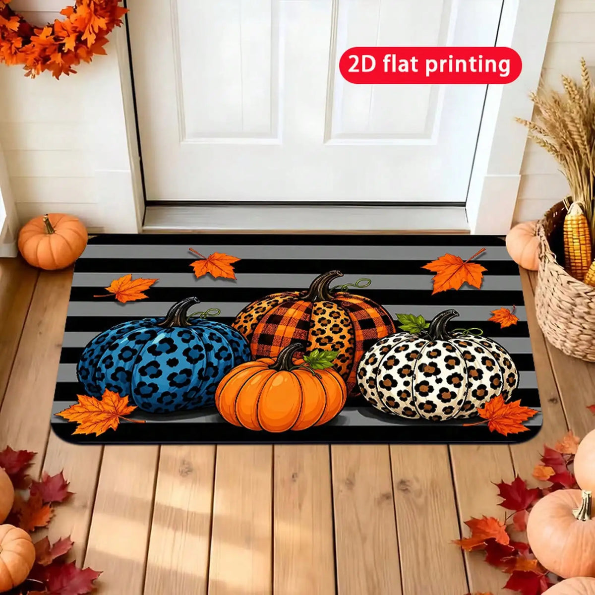 Colorful Leopard Print Pumpkin Pattern Autumn Halloween Doormat - Stylish Fall Party Style Autumn Halloween Doormat, Non-Slip, Machine Washable Doormat