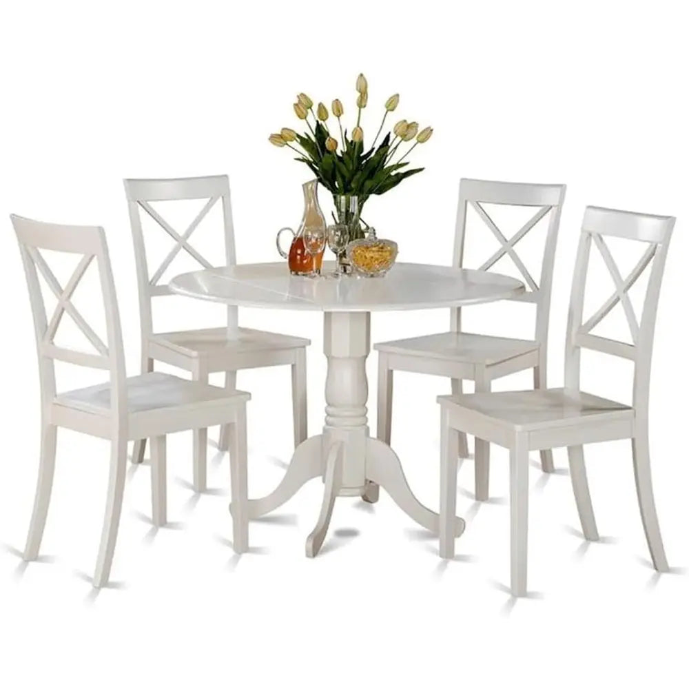 5-Piece Solid Wood Kitchen Table Set with 4 Chairs, Round Dining Table, 42x42 Inch, Linen White