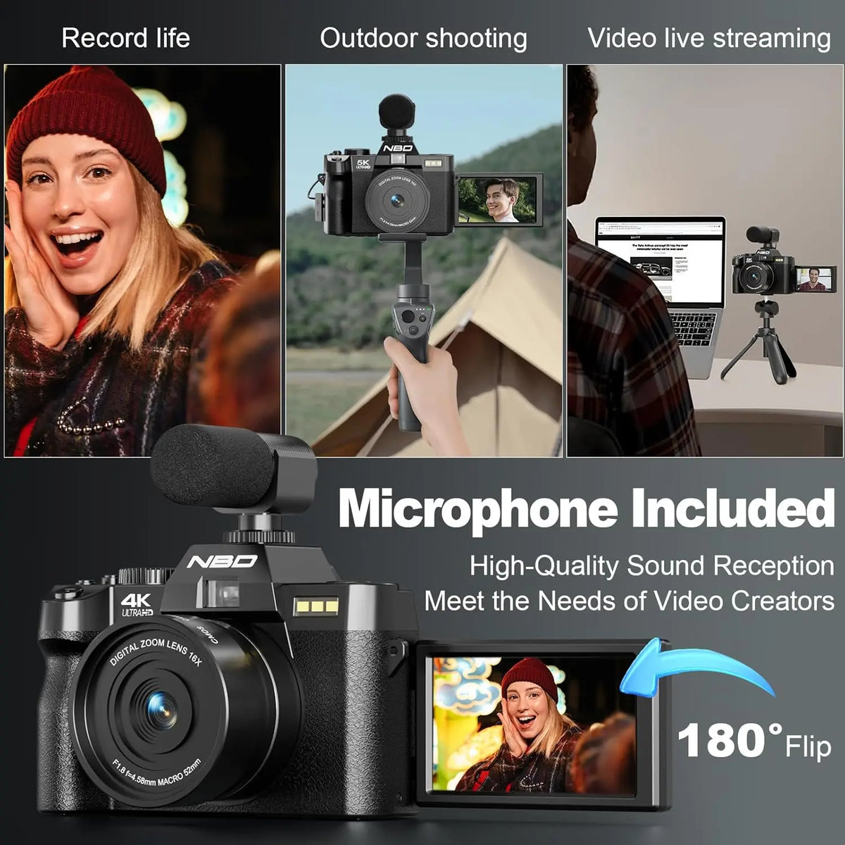 NBD 4K Digital Camera 48MP 16x Zoom Vlogging Flip Screen