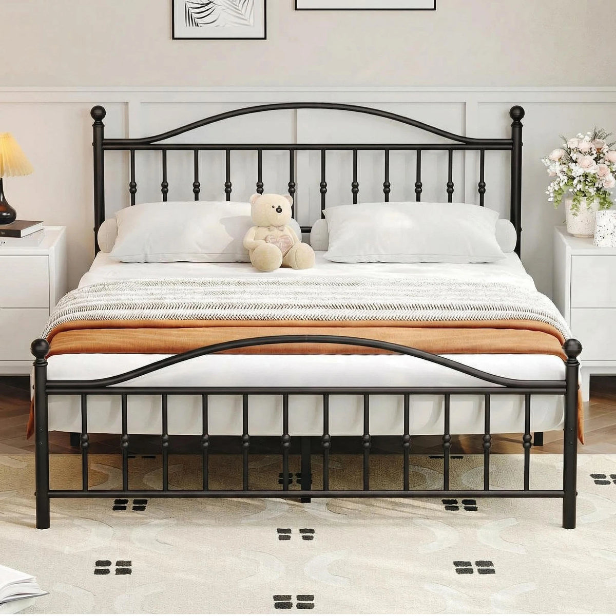 Twin Full Queen King Victorian Metal Bed Frame With Headboard Footboard, Steel Slats, 12.6in Underbed Storage, No Box Spring Needed