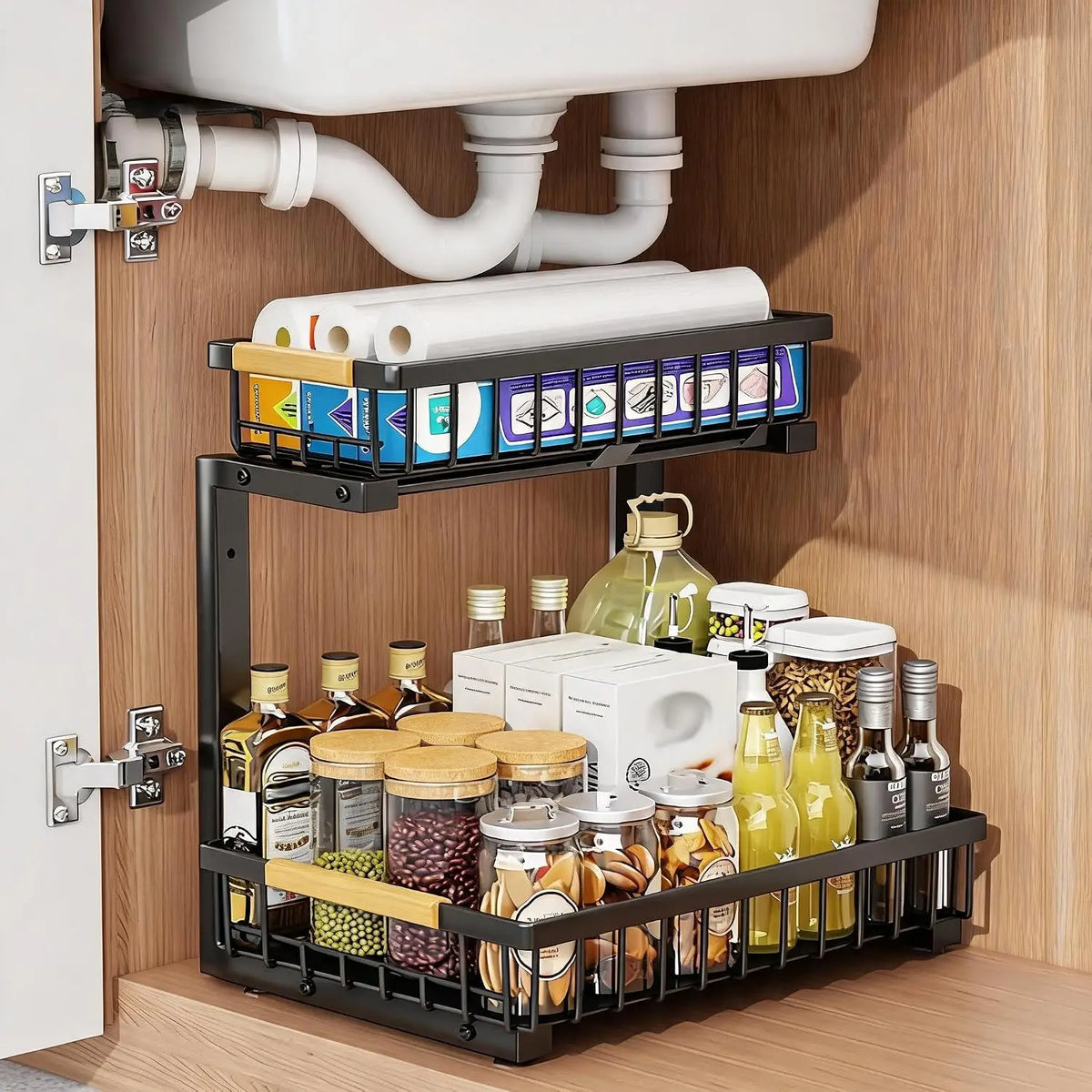 1PC 2 Tier Under Sink Organizer L-Shaped Multi-Function Shelf for Kitchen Bathroom Space Saving 16.5"–19.2" Carbon Cabinet Organizer