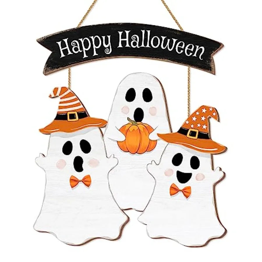 Halloween Ghost Door Sign BOO Decorations, Happy Halloween Wooden Ghost Hanging Sign for Front Door Hanger Wreath Decor, Hallow