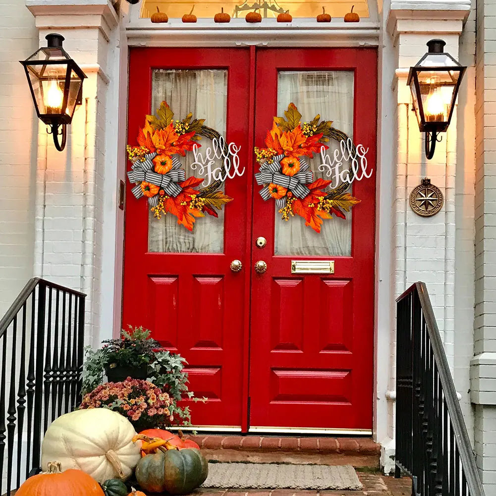 40cm Artificial Pumpkin Wreath Thanksgiving Garland Door Hanger Front Door Autumn Wreath for Thanksgiving Harvest Party Decor
