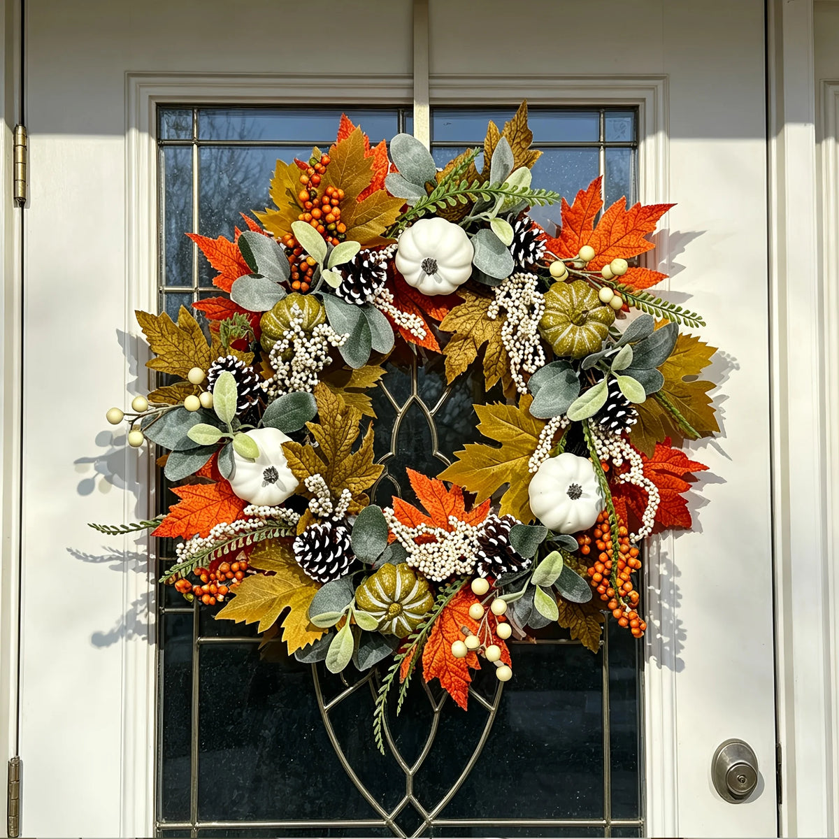 1pc Fall Artificial Pumpkin Wreath with Maple Leaves, Berries, Pinecones And Eucalyptus, Thanksgiving Halloween Home Door And Wall Decor