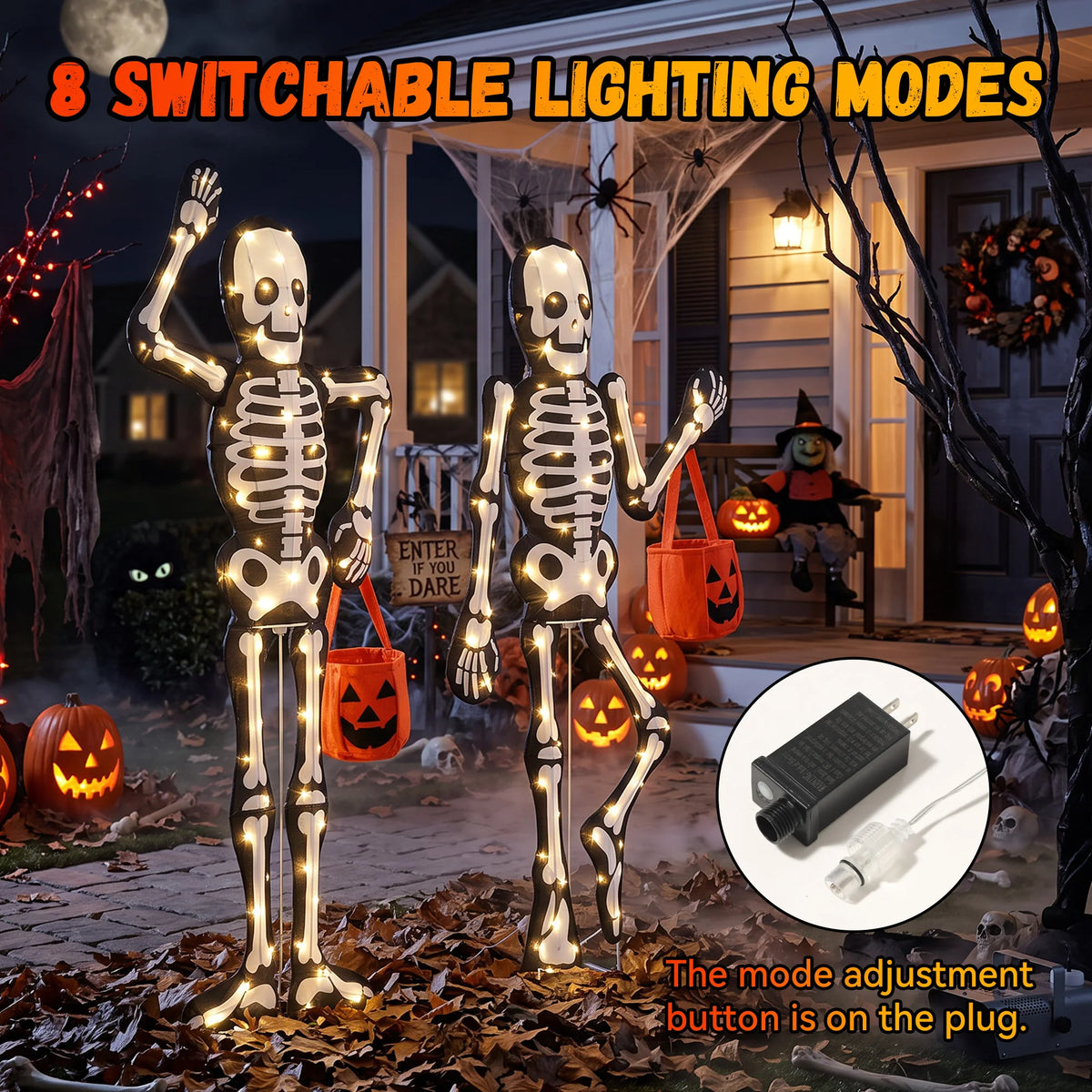 45" H 2-Piece Skeleton Lights Set 2.5D Outdoor Halloween Decorations