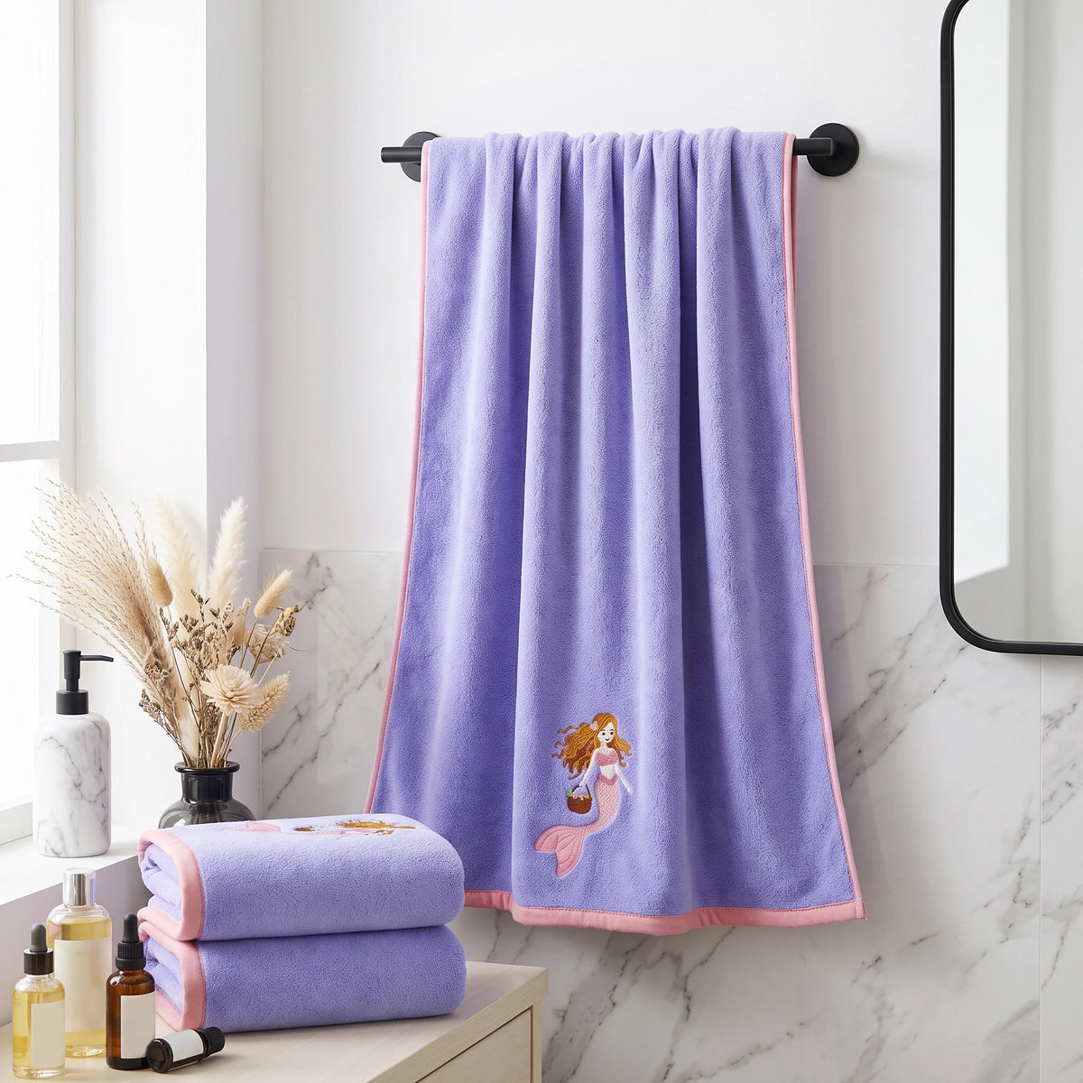 2‑Pack Coral Velvet Bath Towels, Mermaid Embroidered Pattern, Soft & Cozy, High Water Absorbency, Ideal for Bathing, SPA, Swimming, Yoga, Salon Use