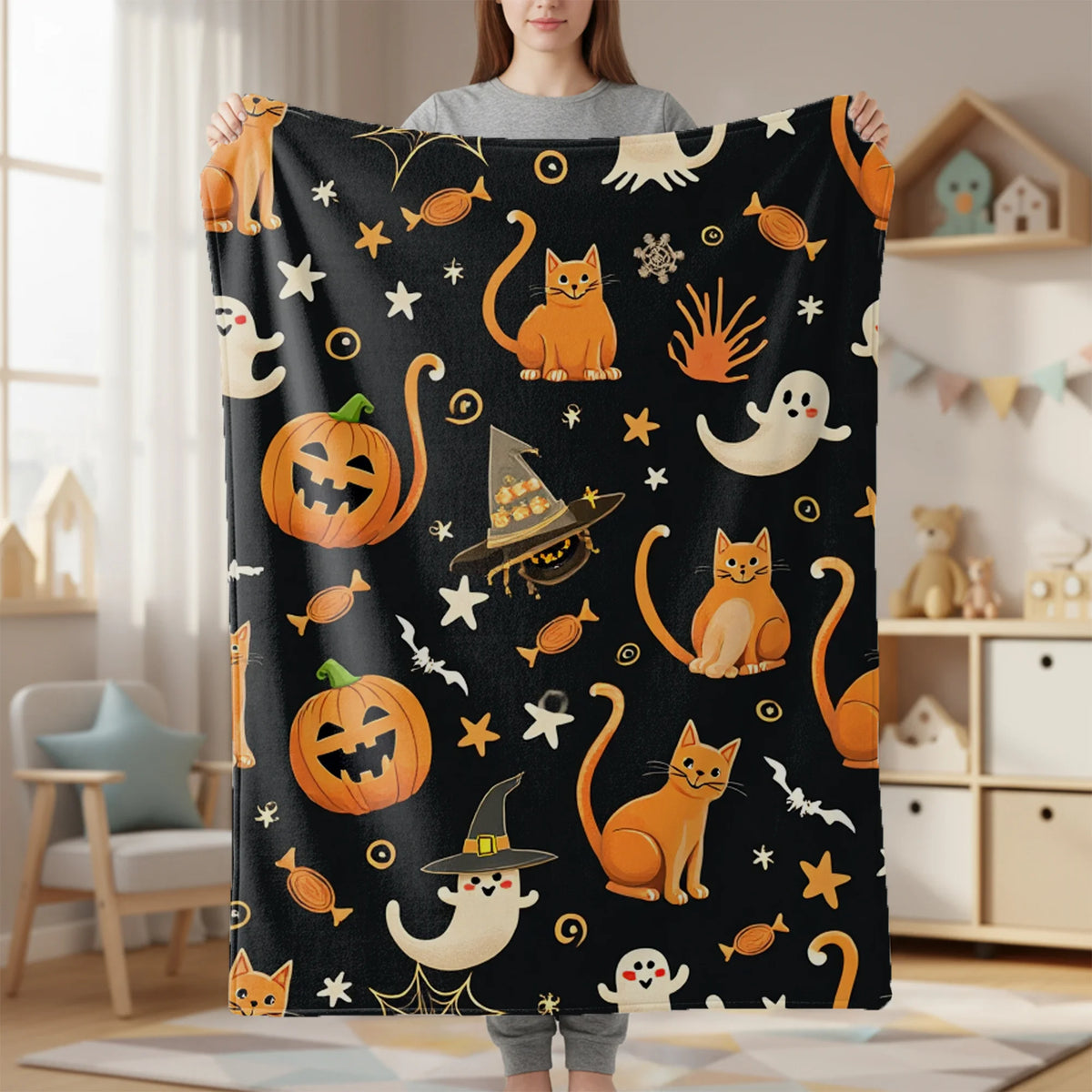 Halloween Flannel Throw Blanket Suitable for All- Cozy Bedspread with Playful Orange Cats, Ghosts & Jack-o'-Lanterns on Black - Soft Machine Washable Bedspread for Room,, or Decor - Ideal Holiday Gift for Year-Round