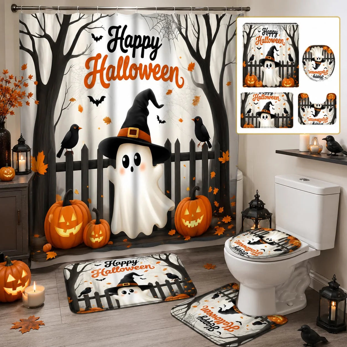 4pcs Halloween-Themed Shower Curtain Set Featuring Adorable Ghost Designs, Complete with Spooky Cartoon Ghosts, Bats, Pumpkins, And a Crow.This Fabric Shower Curtain Comes with a And 12 Hooks, Perfect for Bathroom Decor And A