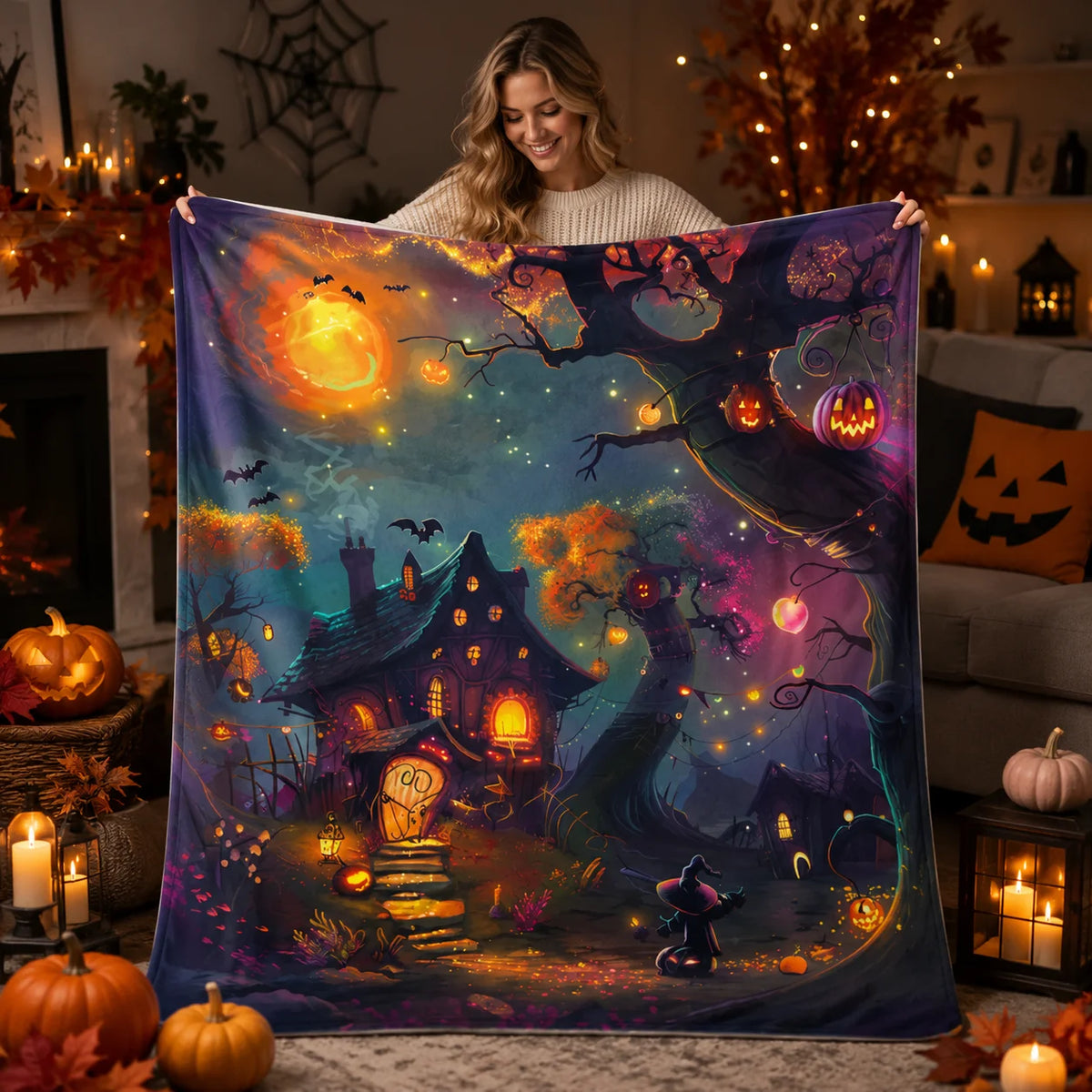 Halloween Throw Blanket - Cozy Autumn Decor with Witch and Haunted House