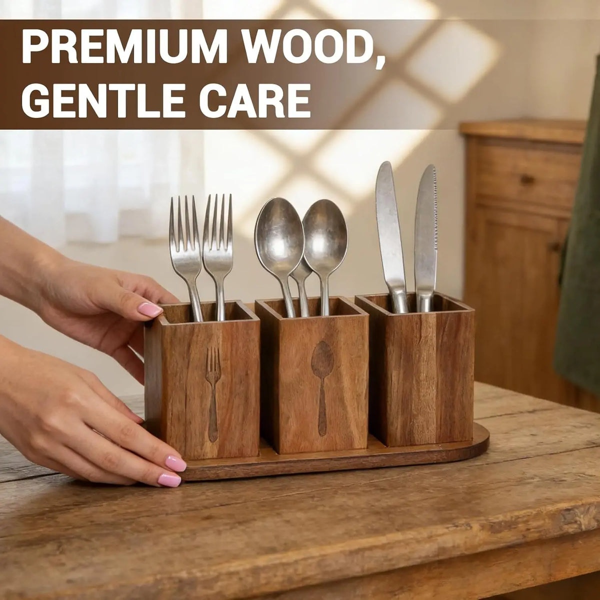Garvee Acacia Wood Kitchen Utensil Holder Spoon Fork Tableware Storage Rack Cutlery Storage Caddy Organizer Silverware Holder for Spoons Forks Knives, Holds Plates Napkins,