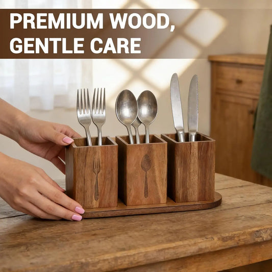 Garvee Acacia Wood Kitchen Utensil Holder Spoon Fork Tableware Storage Rack Cutlery Storage Caddy Organizer Silverware Holder for Spoons Forks Knives, Holds Plates Napkins,
