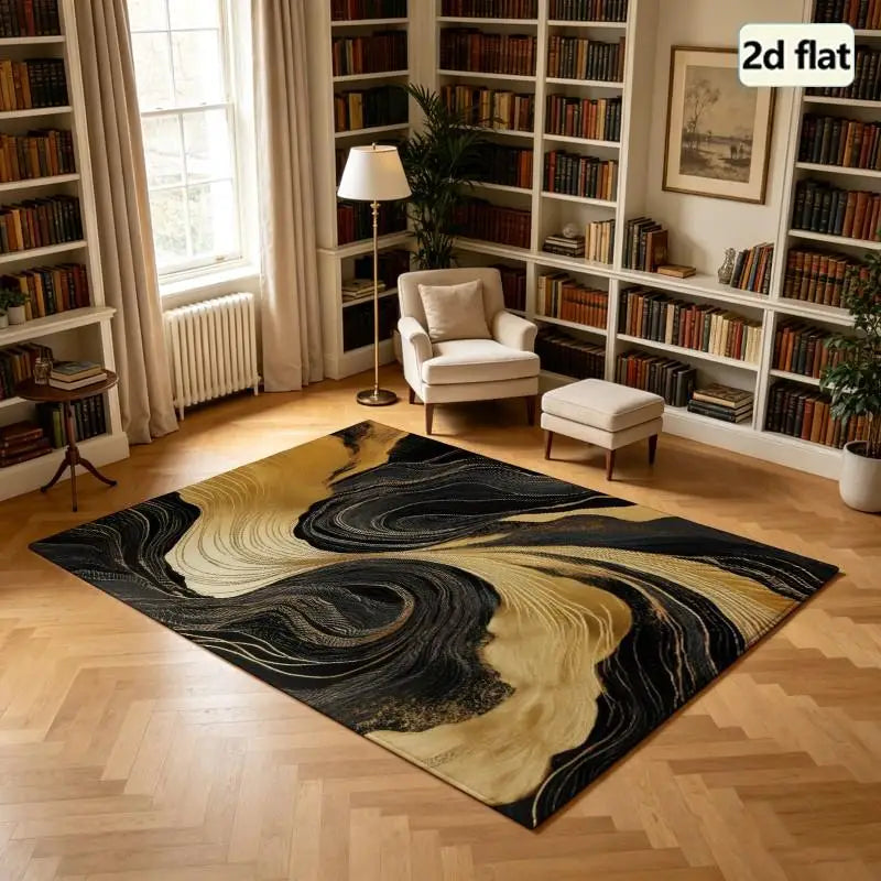 1 Piece Abstract Black And Gold Swirl Pattern Rug, Soft Comfortable, All Season, Lightweight Easy Care, Home Decor, Room Decor, Living Room Decor, Bedroom Decor, Dining Room Decor, Winter, Autumn