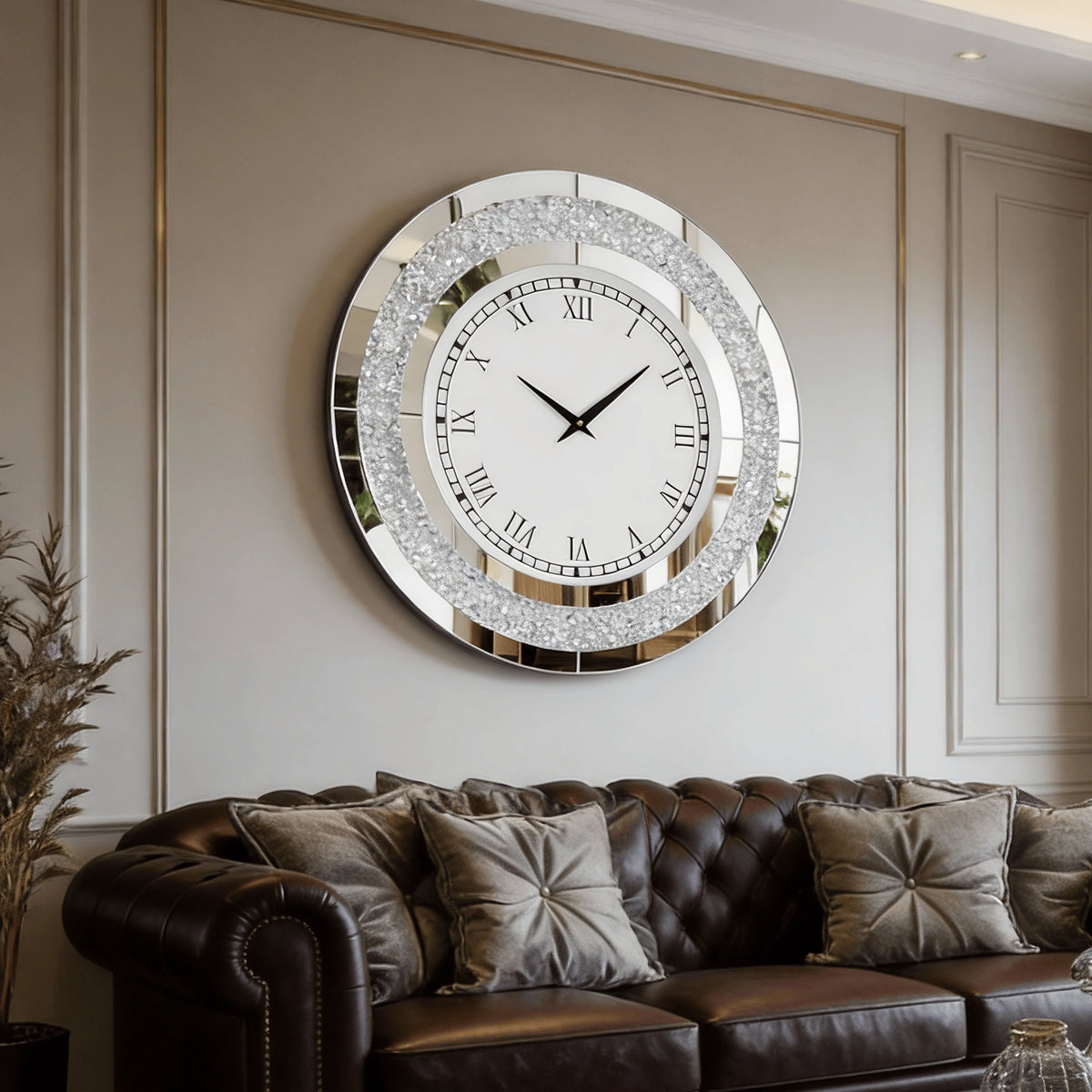 Large Wall Clock Silver Tawny Tinted Crushed Diamond Inlay Clock 80CM Round Decorative Mirrored Clock