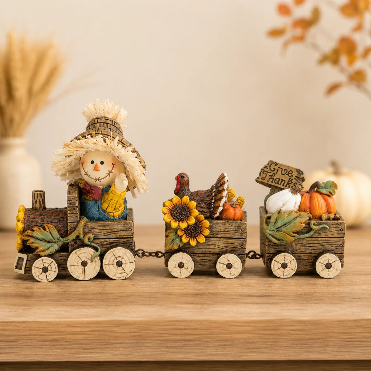 Hodao Scarecrow Resin Fall Harvest Train Figurine, Locomotive with Turkey Pumpkin Sunflower Wagons, Thanksgiving Tabletop Decoration, Rustic Autumn Farmhouse Shelf Sitter Ornament for Mantel, Home, Patio and Seasonal Holiday