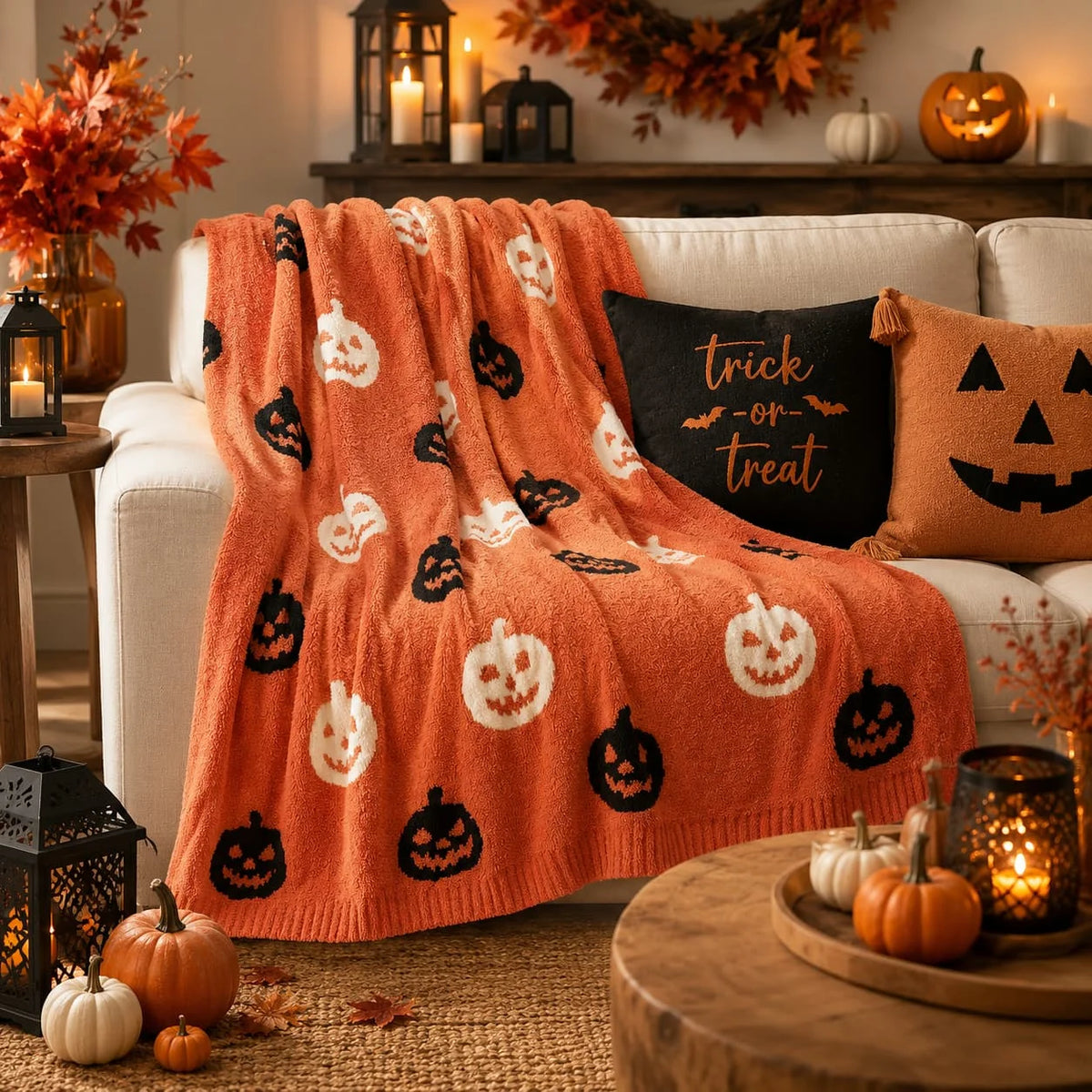 Snuggle Sac Halloween Throw Blanket Orange Pumpkin Blanket, Black Striped Halloween Throw Blanket for Couch 50x60 inches, Ultra Soft Decorative Striped Pumpkin Blanket