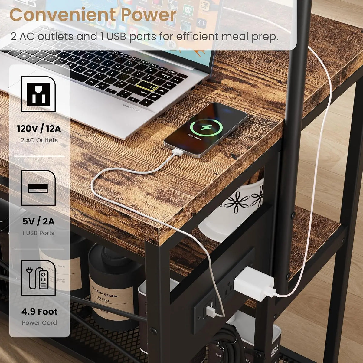 Industrial Kitchen Island Dining Table with Power Outlet: Includes 2 Bar Stools, 3-Tier Storage Shelves, 5 Hooks & Microwave Stand, Multifunctional Coffee Bar for Dining Room, Living Room