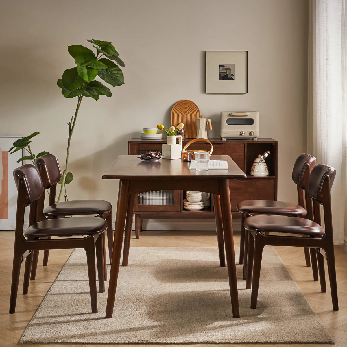Mid Century Solid Wood Dining Chairs With PU Leather Cushion