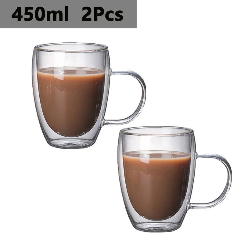 150/250/350/450ml Heat‑Resistant Double‑Wall Transparent Glass Mug For Coffee Tea Milk Whiskey Wine Cold‑Beverage Household Drinkware