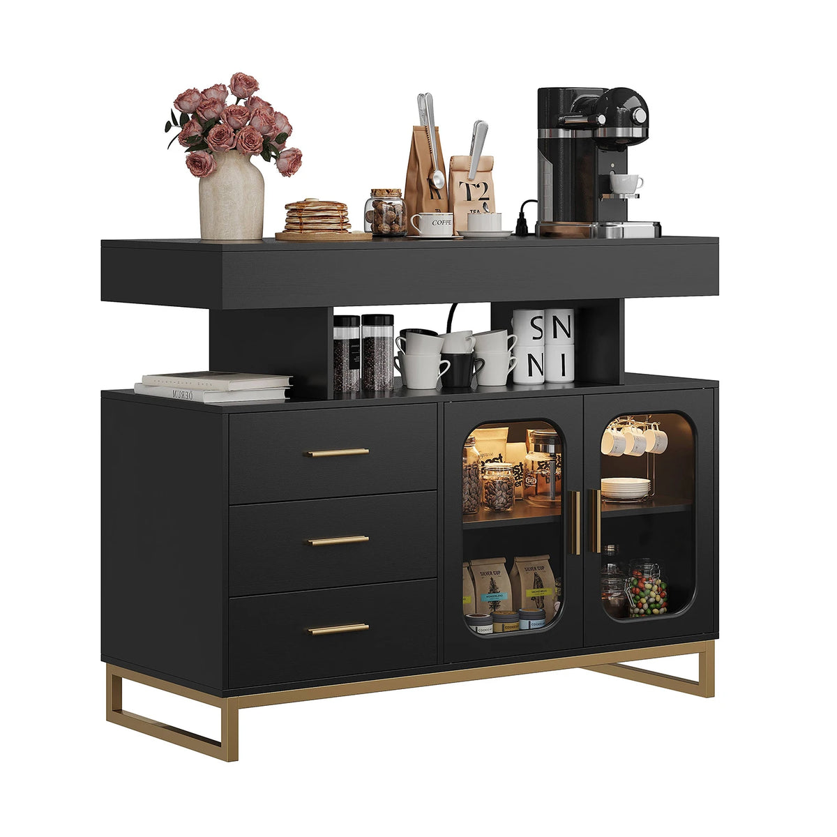 HiMISS LED Sideboard Buffet Cabinet With Charging Station