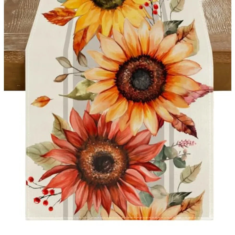 Sunflower Maple Leaves Fall Table Runner, Seasonal Autumn Kitchen Dining Table Holiday Thanksgiving Fall Decorations for Home P