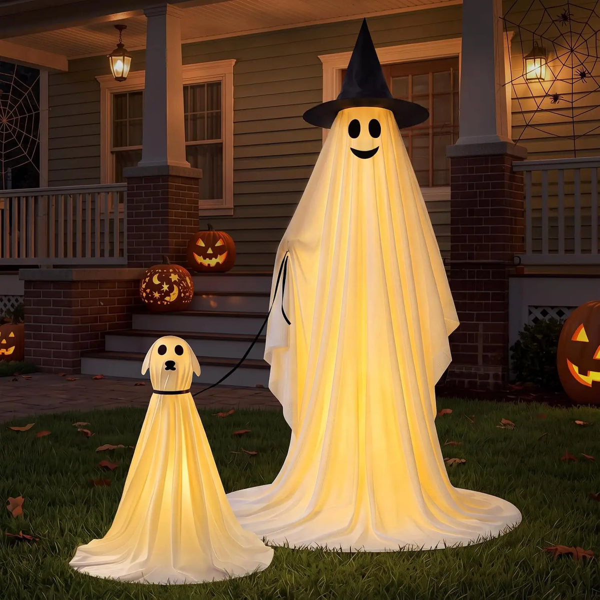 2Pcs Outdoor Halloween Decorations 55" Standing Ghost and 23" Dog Ghost Cute Set with Warm White LED Lights 8 Lightng Modes & Timer for Yard Lawn Party Favors and Halloween Decor Outside Indoor