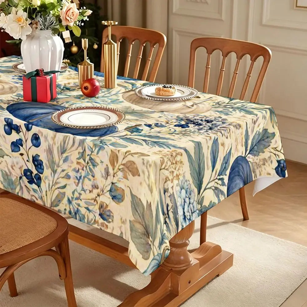 Stylized Blue Pumpkin Tablecloth - Cream Background with Leafy Foliage Print, Rectangular Polyester Dining Decor for Autumn Harvest, Indoor Kitchen And Party Use