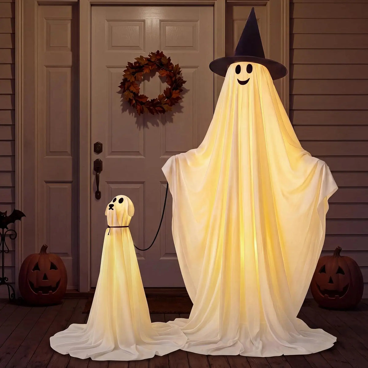 2Pcs Outdoor Halloween Decorations 55" Standing Ghost and 23" Dog Ghost Cute Set with Warm White LED Lights 8 Lightng Modes & Timer for Yard Lawn Party Favors and Halloween Decor Outside Indoor