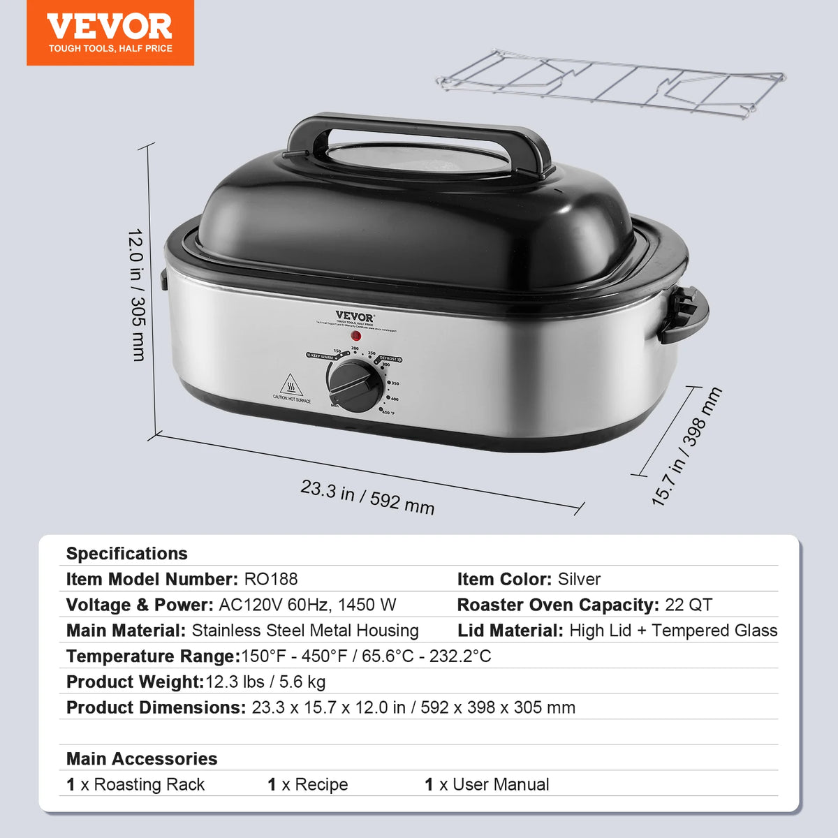 SucceBuy Electric Roaster Oven 24 QT Turkey Roaster Oven with Self-Basting Lid 1450W Roaster Oven Defrost&Warm Function Silver