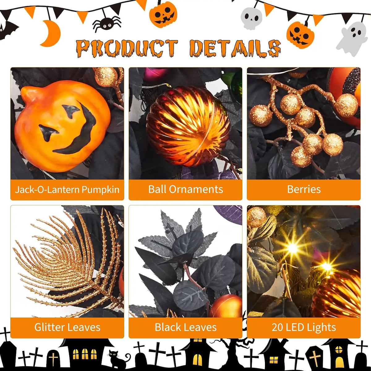 20" Halloween Pumpkin Wreath with 20 LED Lights, Ball Ornaments & Berries – Prelit Wreath for Front Door, Indoor Outdoor Window Hanging Decor