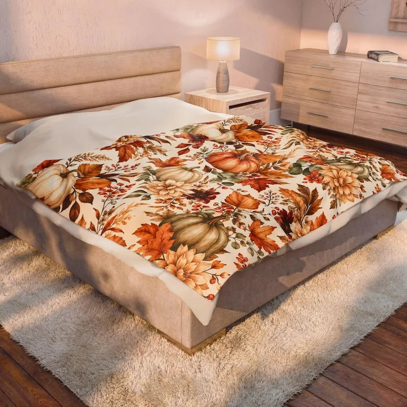 Autumn Pumpkins Floral Fall Leaves Velveteen Plush Blanket, Fall Home Livingroom, Bedroom Decor