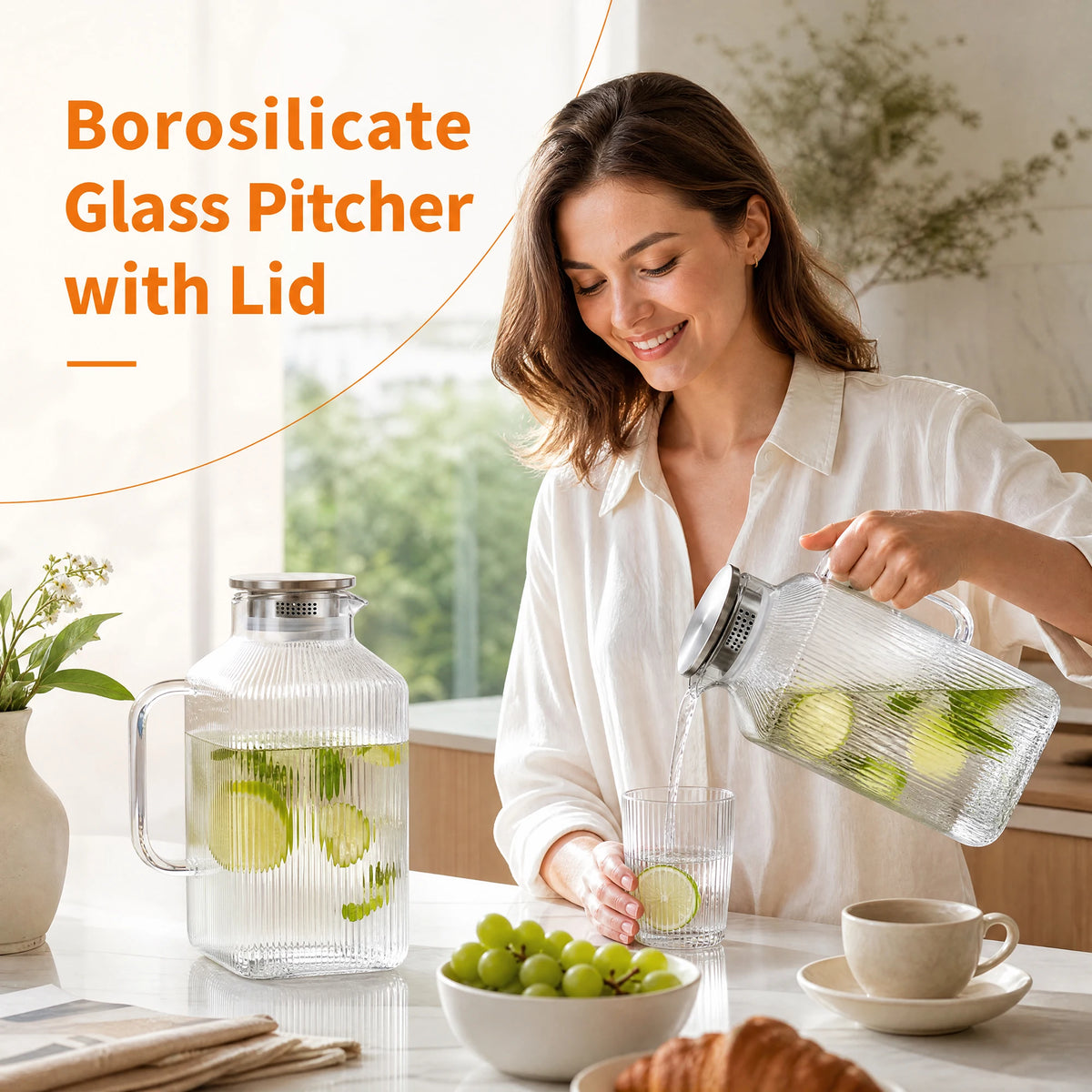 2 Pack 1 Gallon Large Glass Water Pitcher with Handle and Strainer Lid, 3800ml Big Glass Beverage Pitcher for Fridge, Iced Tea, Juice, Sangria, Hot & Cold Daily Drinks