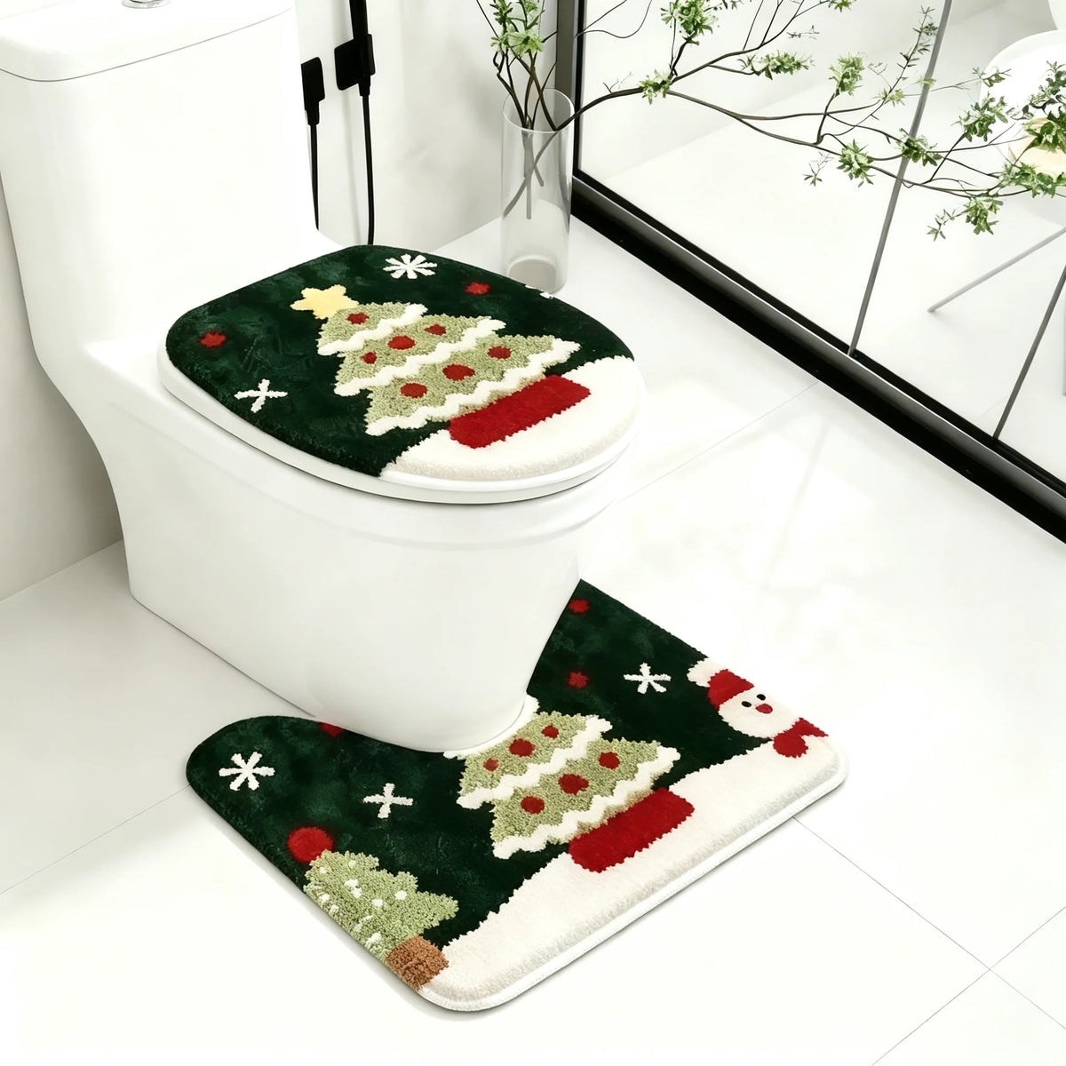 Christmas Bathroom Mat Set, Xmas Tree Snowman Bath Rug Non-Slip Toilet Seat Cover Set, Merry Christmas Home Decor