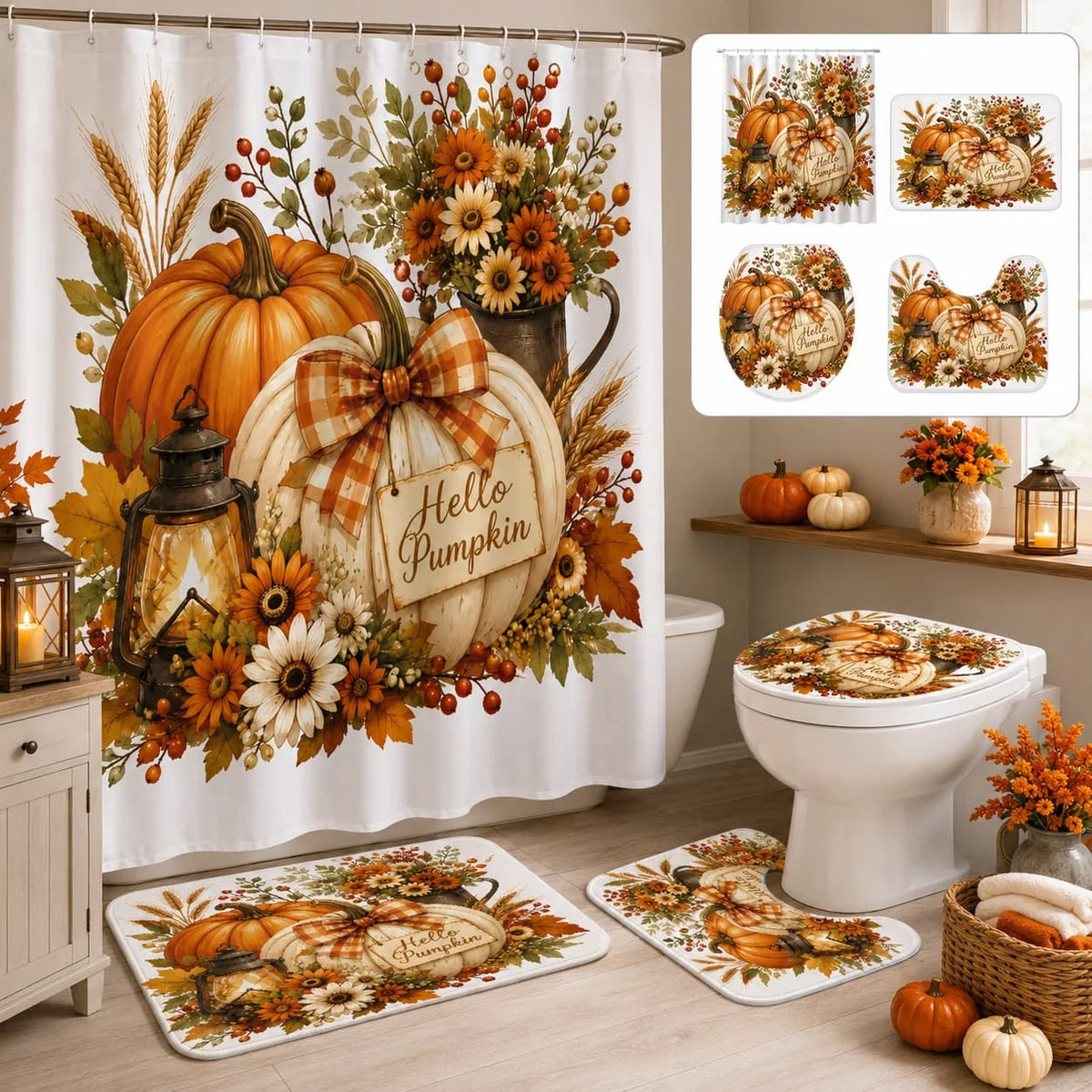[Thanksgiving] 2D Flat, 2D Flat 4pcs Autumn Harvest Thanksgiving Pumpkin Shower Curtain Set for Bathroom Decoration (2 X 1 X Toilet Lid Cover 1 X Shower Curtain)